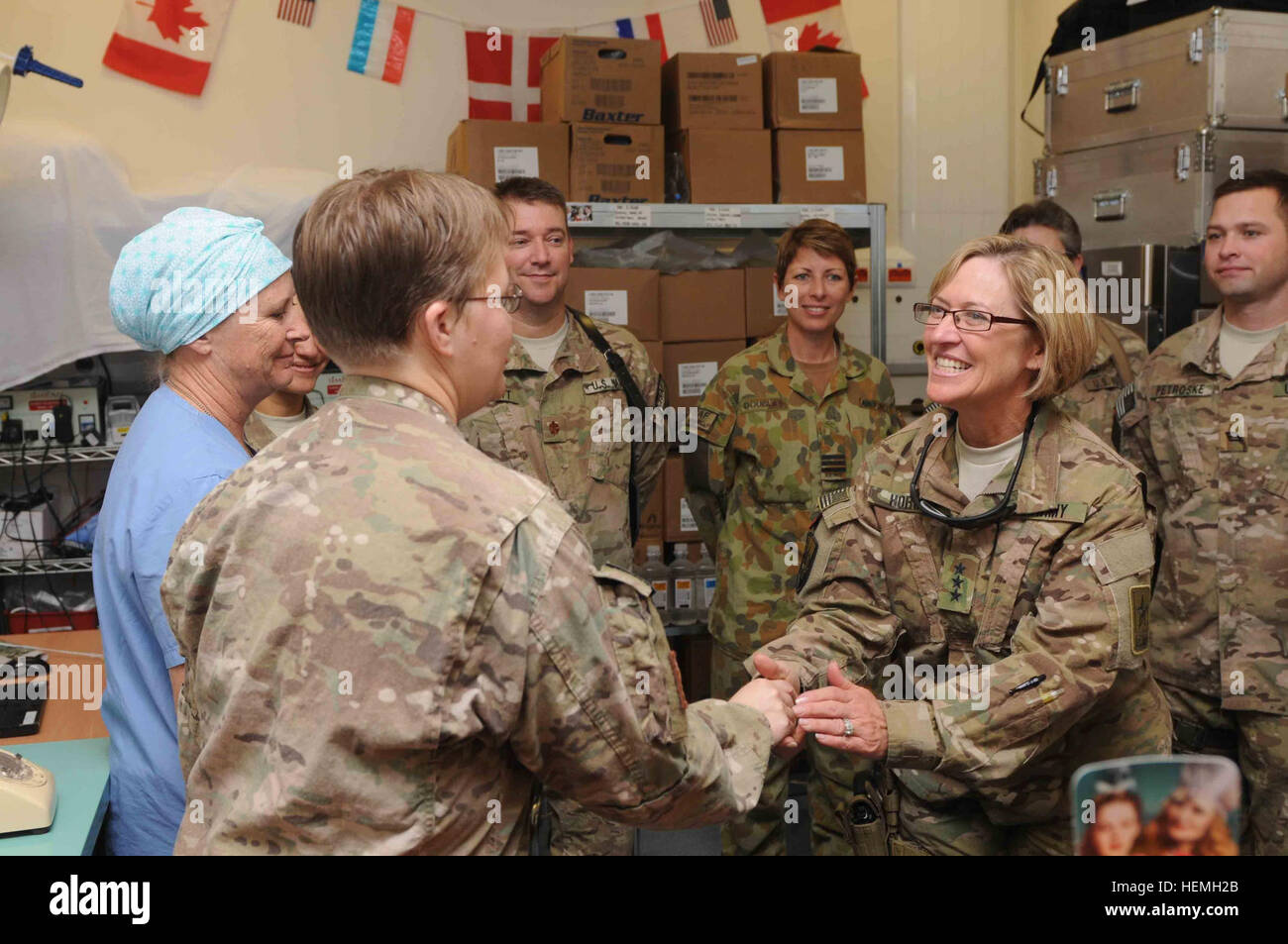U.S. Army Lt. Gen. Patricia Horoho, right, the 43rd Army surgeon general, meets with Service members at Kandahar Airfield's Role 3 hospital in Kandahar province, Afghanistan, April 18, 2013.  (U.S. Army photo by Sgt. Ashley Bell/Released) Service Surgeon Generals visit RC-South 130418-A-VM825-163 Stock Photo
