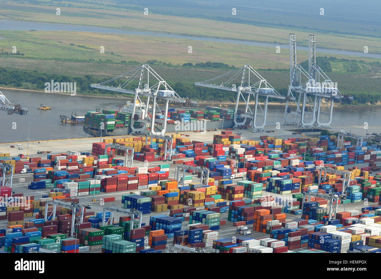 A birds-eye view of the Georgia Ports Authority Garden City Terminal at the Savannah Harbor, Sept. 4, 2013. Under Secretary of the U.S. Army Dr. Joseph W. Westphal visited the port and took a helicopter tour. U.S. Army Undersecretary Joseph W. Westphal visits Savannah port 130904-A-JH002-128 Stock Photo