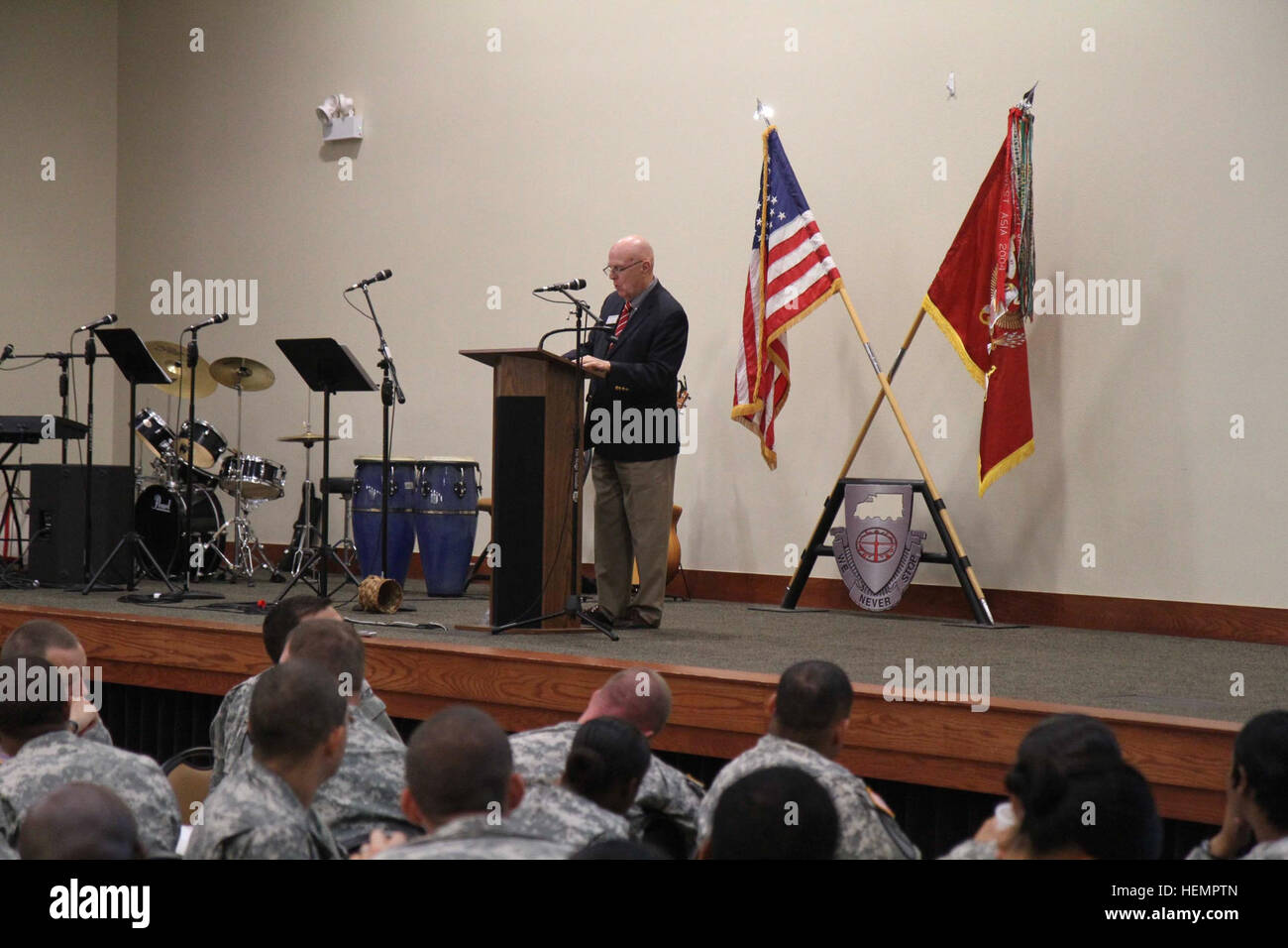 During a Memorial Prayer Breakfast at the Spirit of Fort Hood Chapel, retired U.S. Navy Chaplain Ron Swafford, shared some of his memories from the days following the terrorist attacks when he visited ground zero in New York City and met with some of the family members who lost loved ones 12 years ago. Approximately 400 soldiers from the 4th Sustainment Brigade, 13th Sustainment Command (Expeditionary), attended the Memorial Prayer Breakfast hosted by the 49th Transportation Battalion, 4th Sust. Bde., Sept. 11, 2013. (Photo by Sgt. 1st Class Chris Bridson, 4th Sust. Bde. PAO, 13th ESC.) Wrangl Stock Photo