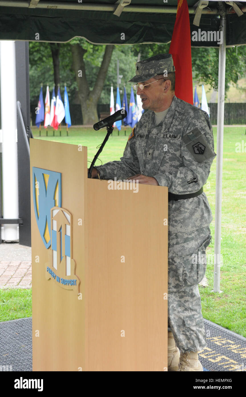 U.S. Army Brig. Gen. Paul M. Benenati, the deputy commanding general of the 21st Theater Sustainment Command (TSC) speaks during the 9/11 remembrance ceremony at Panzer Kaserne in Kaiserslautern, Germany, Sept. 11, 2013. Benenati honored the Soldiers of the 21st TSC who gave their lives in the support of Operations Iraqi and Enduring Freedom as well as the people who died in the attack on the World Trade Center and Pentagon. Two of the aircraft were deliberately crashed into the World Trade Center in New York; one was crashed into the Pentagon; the fourth crashed near Shanksville, Pa. Nearly 3 Stock Photo