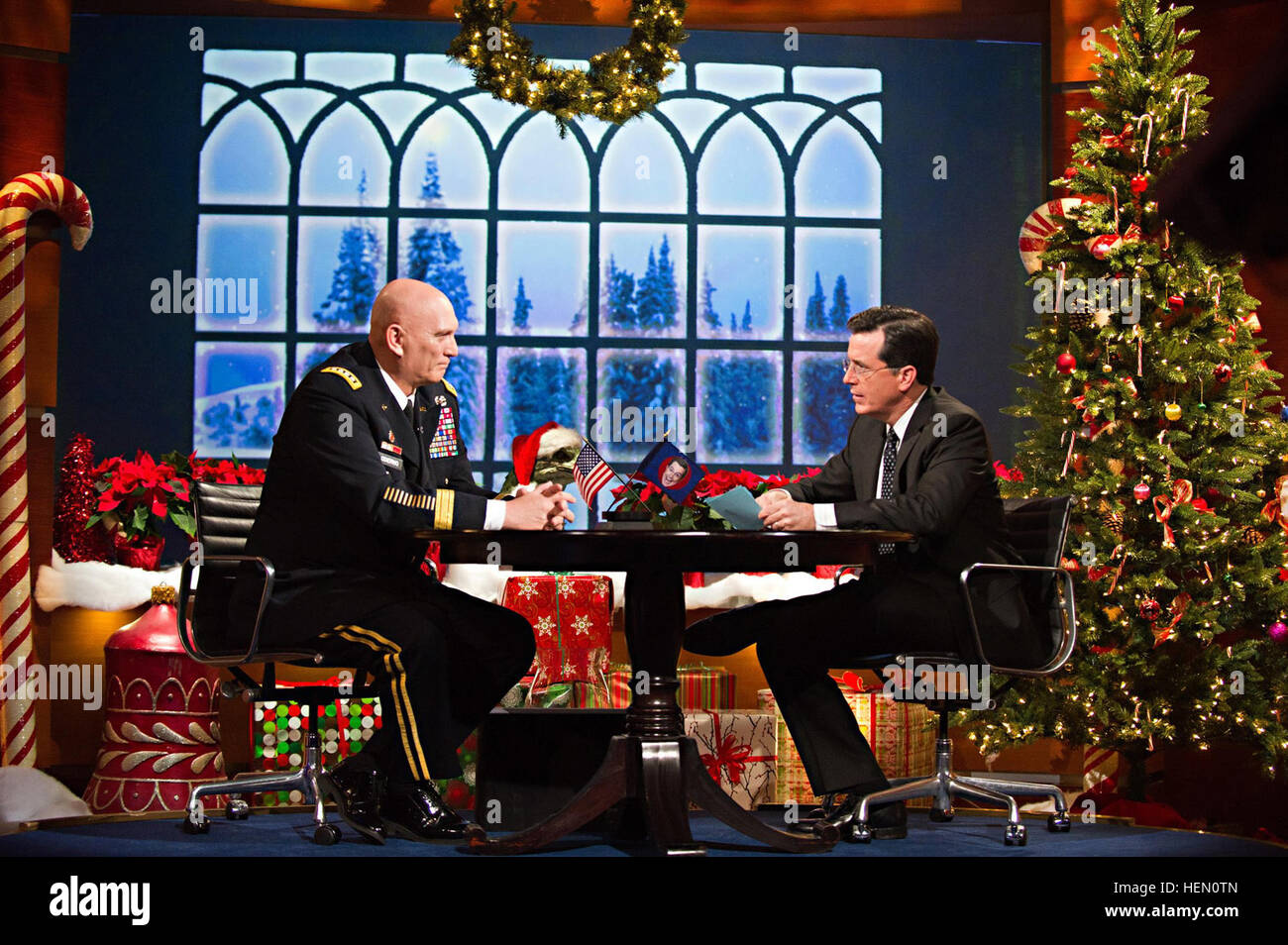 U.S. Army Chief of Staff Gen. Raymond T. Odierno is interviewed by Stephen Colbert at the Colbert Report Stock Photo