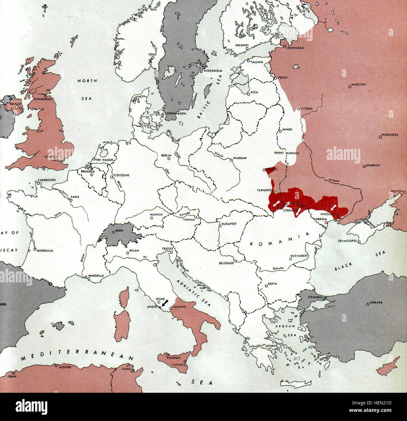 Map showing the German World War II battlefront as of April 1, 1944 ...