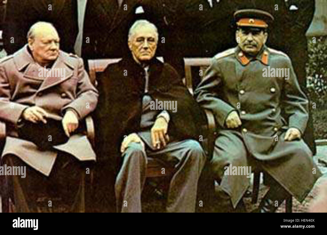 Yalta summit 1945 with Churchill, Roosevelt, Stalin tight crop Stock Photo