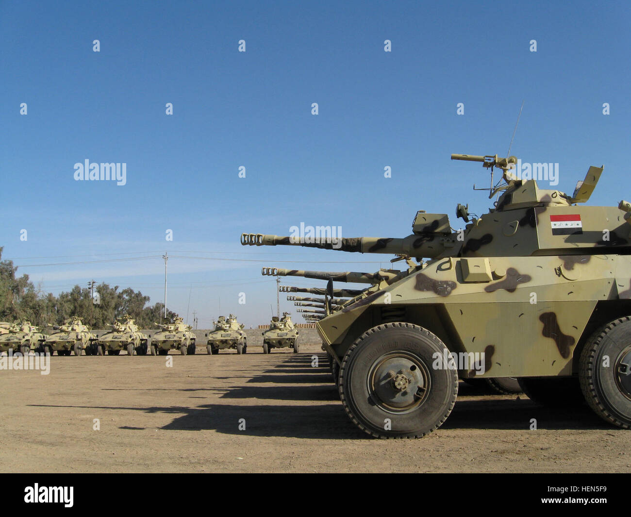 EE-9 Cascavel armored reconnaissance vehicles ready for transfer to the Iraqi Army 4th Brigade 9th Division. (Photo by U.S. Army Capt. David F. Roy) EE-9 Cascavel in Iraq 2008 Stock Photo