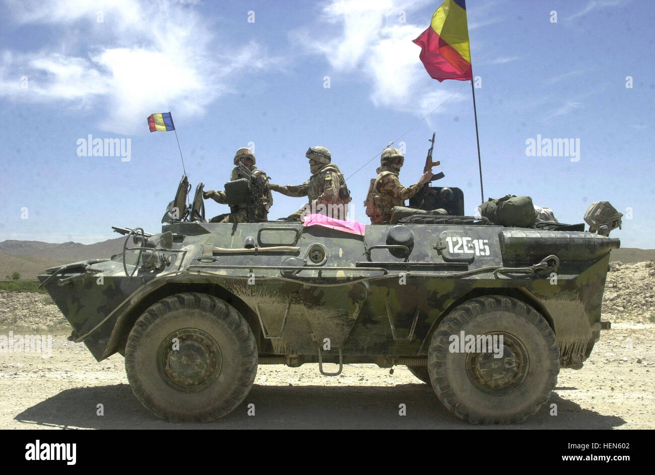 Members of the Coalition Joint Task Forces conduct a convoy from Kandahar Airfield to Kabul, the capital of Afghanistan, May 14, 2003.  A military vehicle travels a rough portion of the road to Kabul. The purpose of the convoy is to gather information to help with the Road Rebuilding Project in Afghanistan during Operation Enduring Freedom.  (U.S. Army photo by Sgt. Vernell Hall) (Released) Romanian TABC-79 in Afghanistan Stock Photo