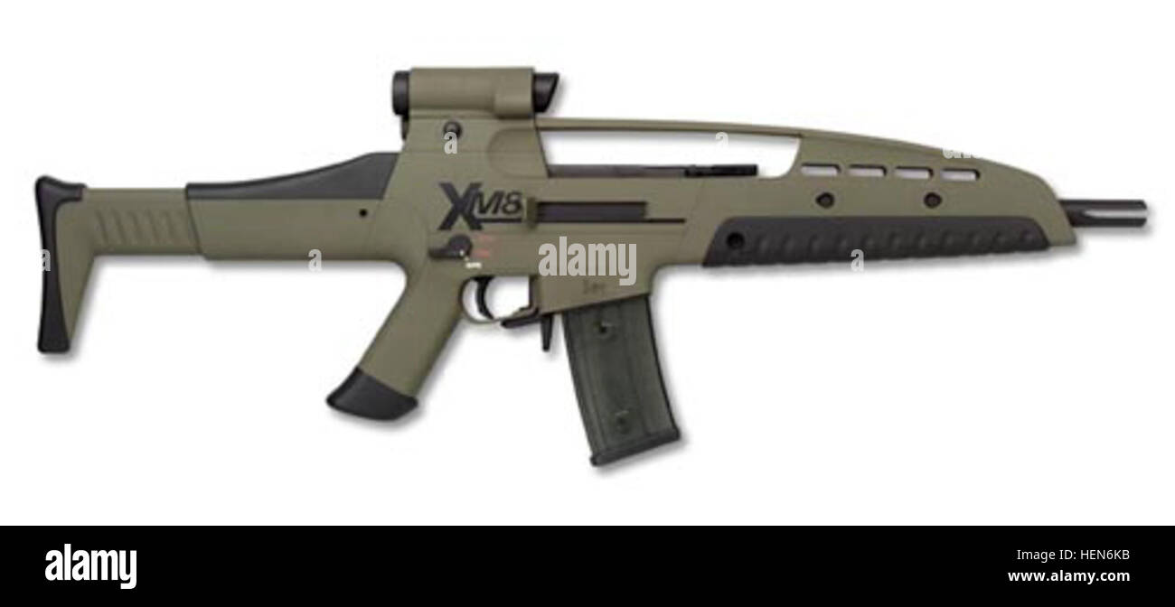 The XM8 is an experimental assault rifle, displayed in side view ...