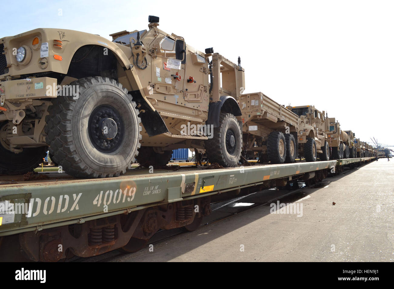 Military Surface Deployment and Distribution Command, 597th Transportation Brigade, 842nd Trans. Battalion, orchestrates simultaneous terminal operations for the loading of unit equipment headed overseas and the offloading of cargo returning from Afghanistan at the Port of Beaumont and at Port of Port Arthur, Texas, Dec. 8-20, 2013. (Photo by Sarah Garner, SDDC, Headquarters) Simultaneous operations no problem for Beaumont battalion 131212-A-TQ663-773 Stock Photo