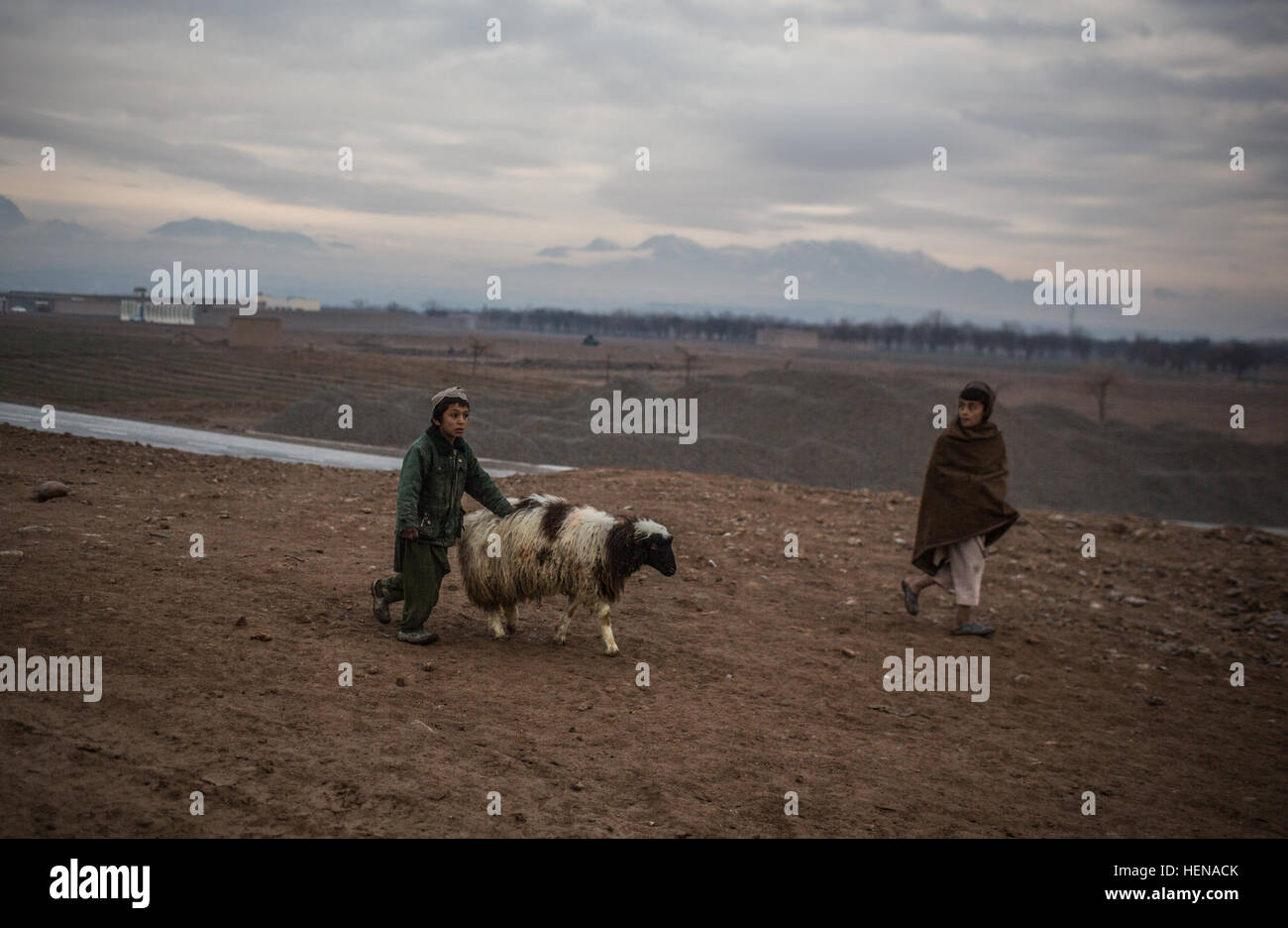 Afghan children look on as soldiers from Company C, 1st Squadron, 8th Cavalry Regiment, 2nd Brigade Combat Team, 1st Cavalry Division, conduct a dismounted patrol around Tarin Kowt, Afghanistan, Jan. 12, 2013, as part of an exercise to validate them as the Theater Reserve Force. (U.S. Army photo by Cpl. Alex Flynn). Theater Reserve Force 140112-A-XQ077-783 Stock Photo