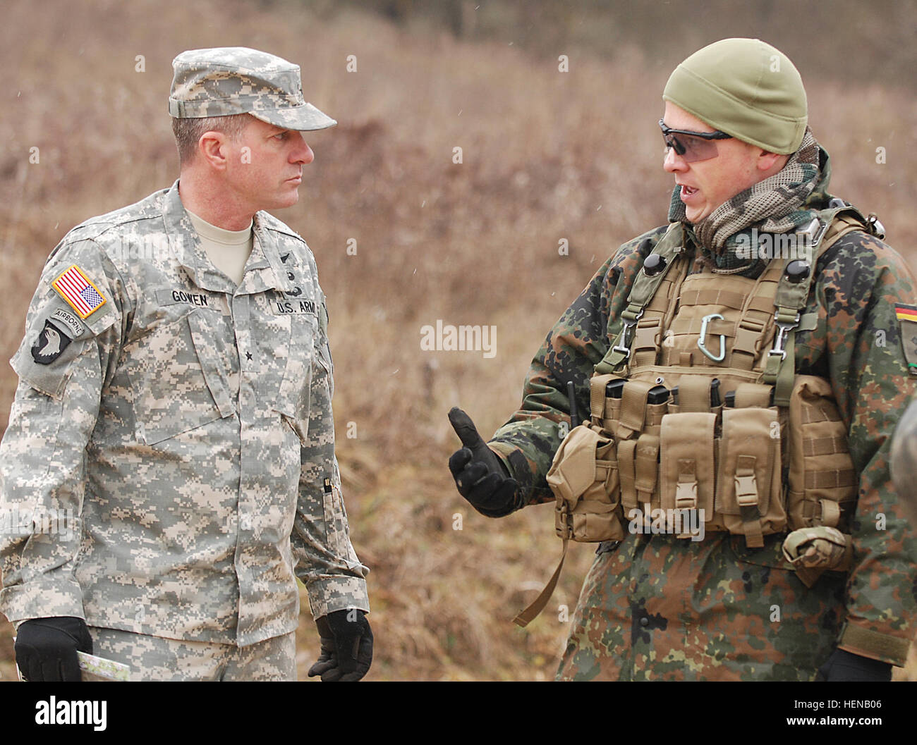 Brig. Gen. Timothy E. Gowen (left), Assistant Division Commander of the 29th Infantry Division, greets Lt. Gen.      Campbell, Commanding General of U.S. Army Europe, Jan. 24, 2014, at the Joint Multinational Readiness Center in Hohenfels, Germany. Approximately 30 29th Infantry Division Soldiers from both the Maryland and Virginia National Guard are in Germany for a Kosovo Force mission rehearsal exercise. KFOR 14-02A, scheduled to run from Jan. 16-31, is designed to prepare 1,500 American and international troops to assume responsibility for Multinational Battle Group- East in Kosovo beginni Stock Photo