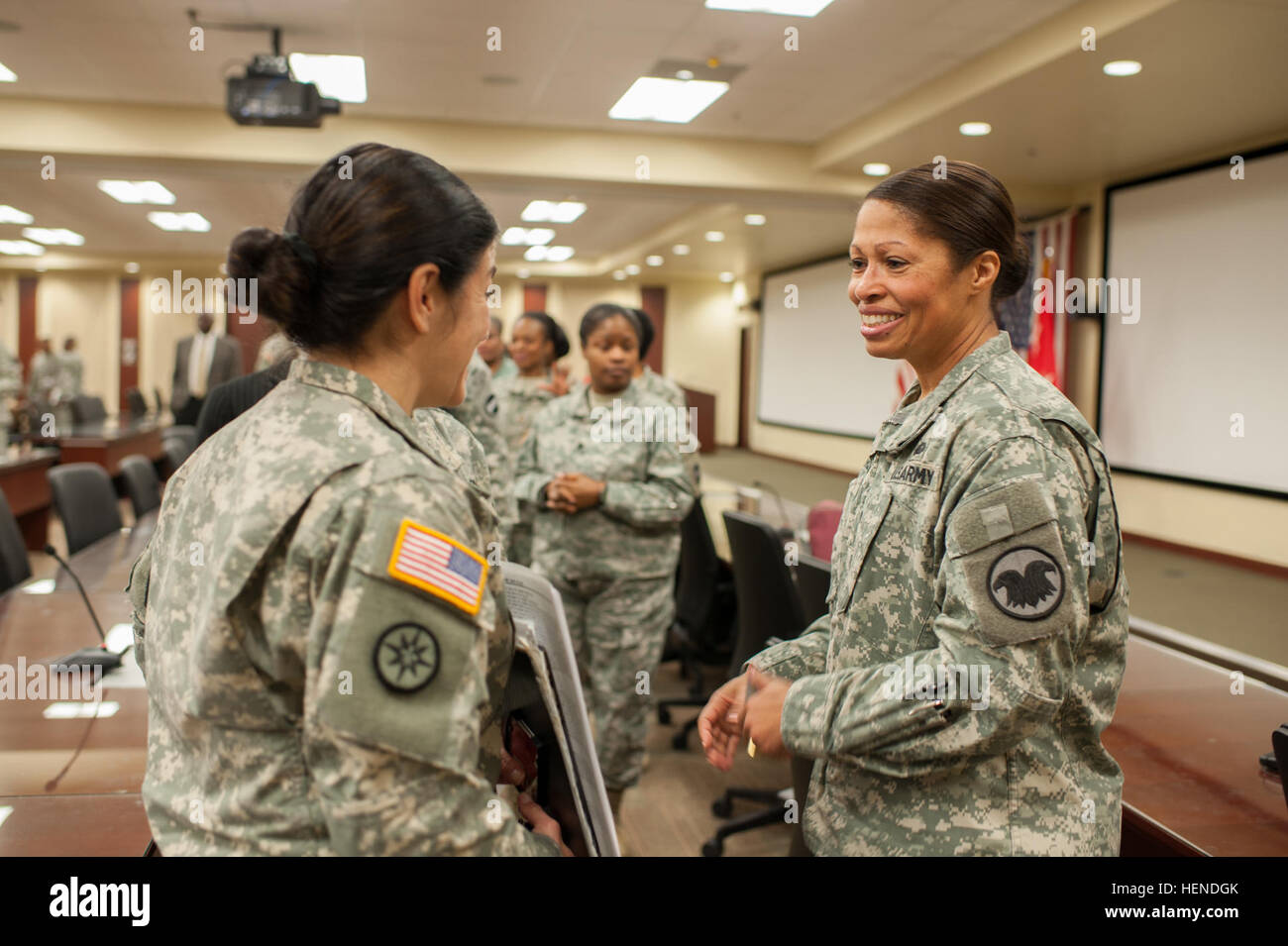 Maj. Gen. Marcia M. Anderson, the Deputy Chief, U.S. Army Reserve, was the guest speaker at a Women's History month observance at the U.S. Army Reserve Command headquarters at Fort Bragg, N.C., March 25, 2014. Anderson, the Army's first African American female major general highlighted the accomplishments of women dating back to the Revolutionary War and the current evaluation process of opening previously closed military occupations to women. (U.S. Army photo by Timothy L. Hale/Released) Women continue to prove themselves in uniform 140325-A-XN107-919 Stock Photo