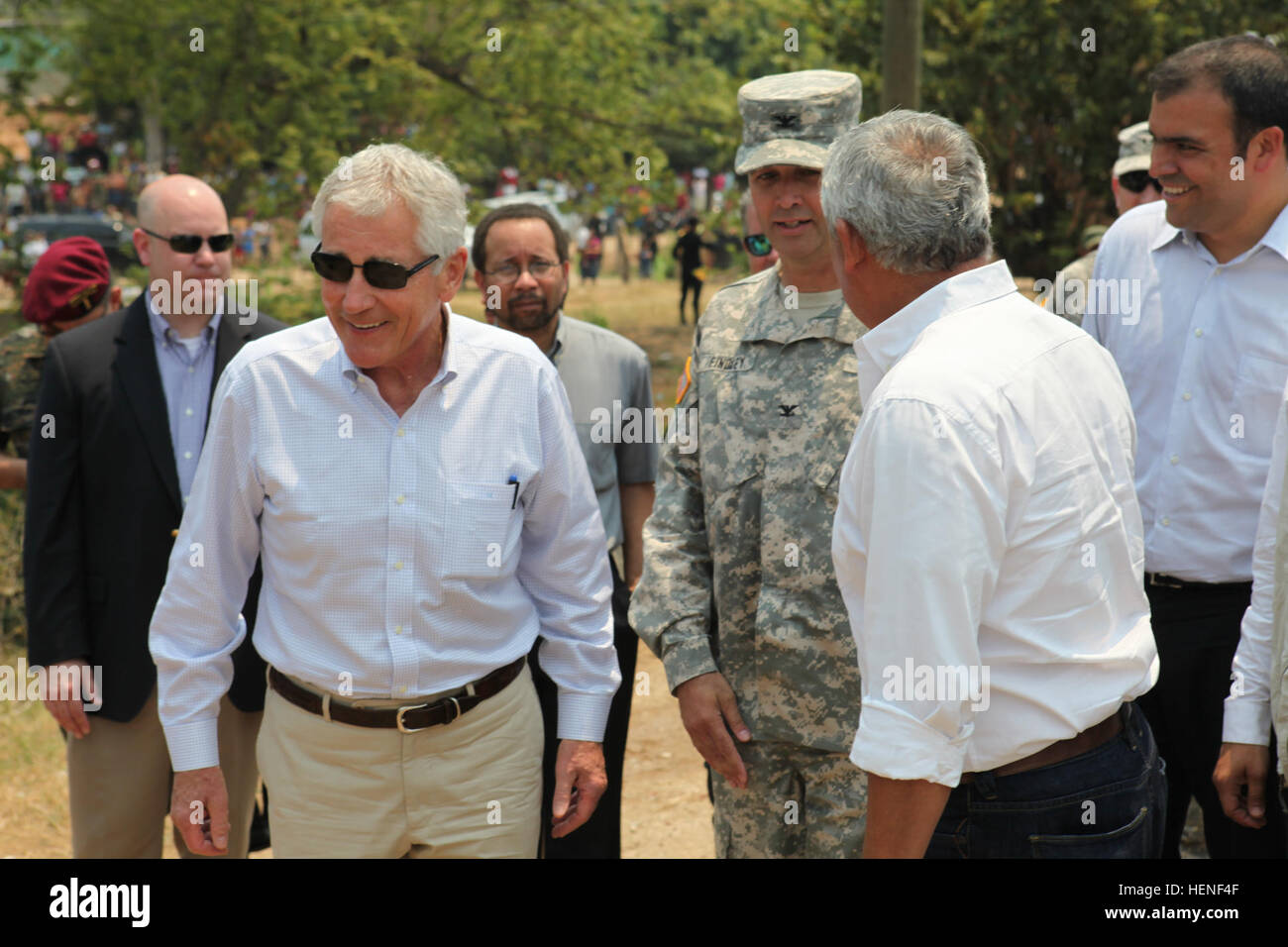U.S. Secretary of Defense Chuck Hagel and Guatemalan President Otto Perez Molina view the progress of a school construction site during Operation Beyond the Horizon 2014, Zacapa, Guatemala, Apr. 25, 2014. Beyond the Horizon is an annual exercise that embraces the partnership between the United States and Guatemala, to provide focused humanitarian assistance through various medical, dental, and civic action programs. (U.S. Army photo by Spc. Gary Silverman)(Released) Beyond The Horizon 2014, Guatemala 140424-A-TO648-389 Stock Photo