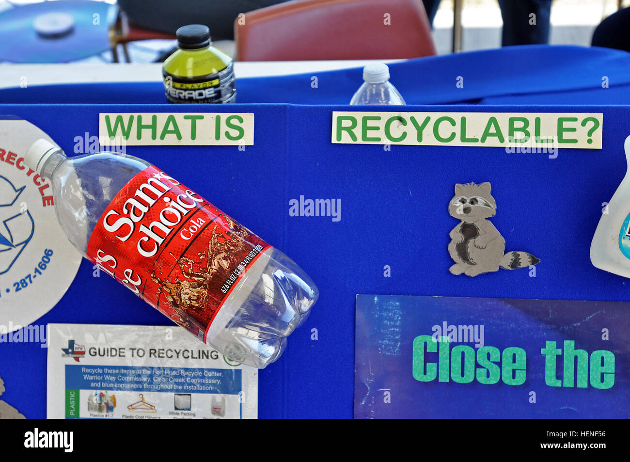 A display at the Fort Hood Earth Day celebration asks the question, "What is recyclable?" On Fort Hood, almost anything can be recycled, including computer hard drives. Check with the Fort Hood Recycling Center for more information at 287-2336. Fort Hood Earth Day 2014 140425-A-OB963-031 Stock Photo