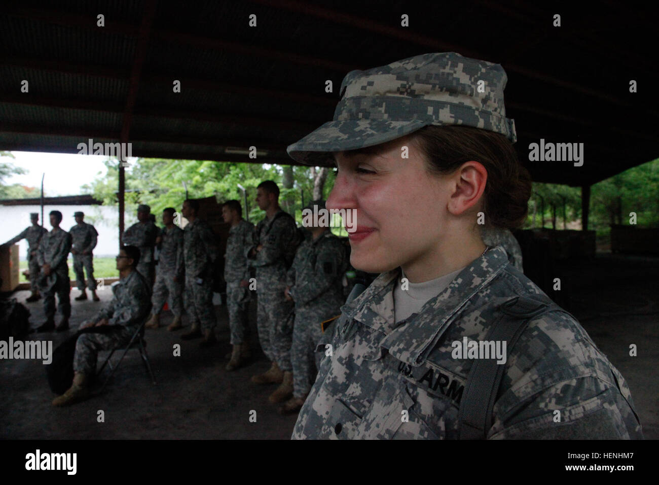U.S. Army Cadet Maria Colompos from Northern Illinois University listens to a safety brief for a Medical Readiness Training Exercise during Beyond the Horizon, at Rio Grande, Guatemala, onJune 2, 2014. Beyond the Horizon is an annual exercise that embraces the partnership between the United States and Guatemala, to provide focused humanitarian assistance through various medical, dental, and civic action programs. (U.S. Army photo by Pfc. Josue Mayorga/Released) Beyond The Horizon 2014, Guatemala 140602-A-GK700-298 Stock Photo