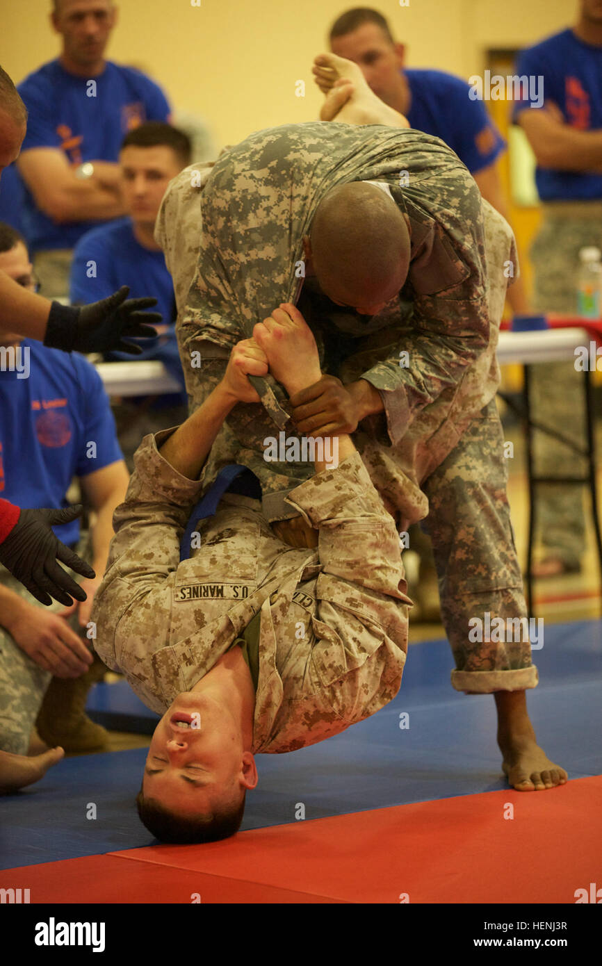 A U.S. Army Soldier and U.S. Marine fight head to head during an Army Combatives Tournament at Fort Dix, N.J., June 7, 2014. This tournament includes Soldiers, Airmen and Marines competing in different weight classes for a chance to win the title. (U.S. Army photo by Sgt. Austin Berner/Released) 98th Division Army Combatives Tournament 140607-A-BZ540-199 Stock Photo