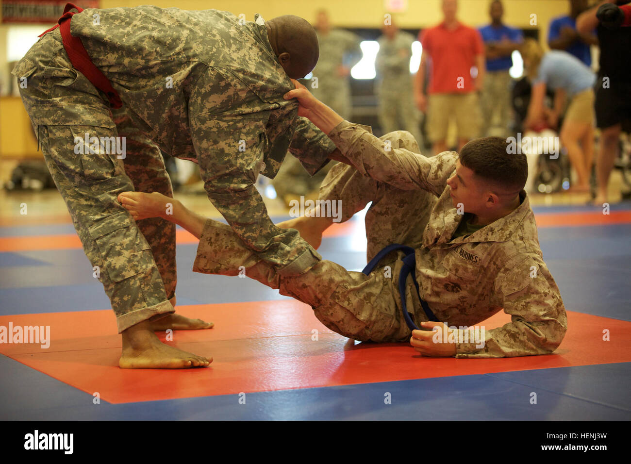 A U.S. Army Soldier and U.S. Marine fight head to head during an Army Combatives Tournament at Fort Dix, N.J., June 7, 2014. This tournament includes Soldiers, Airmen and Marines competing in different weight classes for a chance to win the title. (U.S. Army photo by Sgt. Austin Berner/Released) 98th Division Army Combatives Tournament 140607-A-BZ540-201 Stock Photo