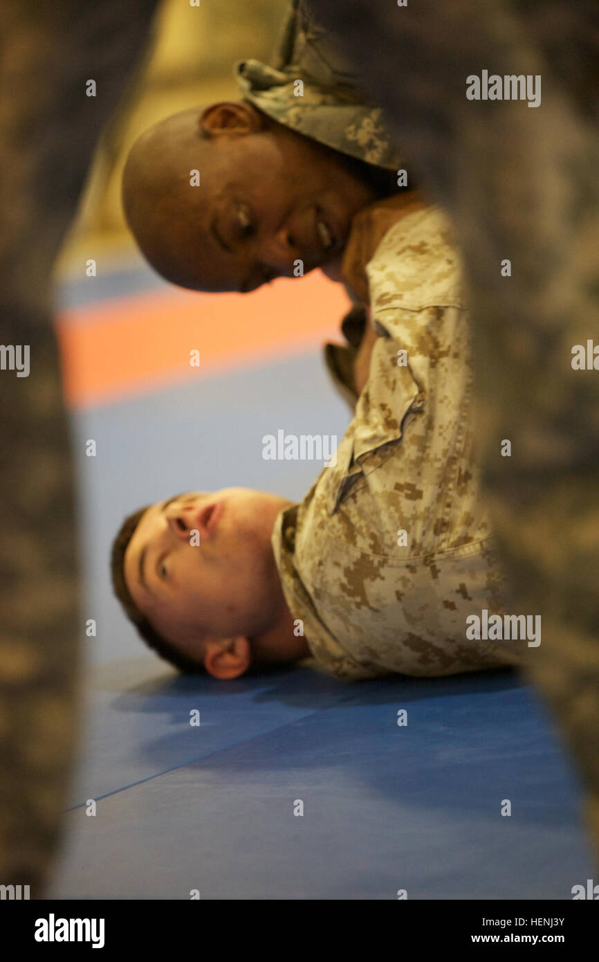 A U.S. Army Soldier and U.S. Marine fight head to head during an Army Combatives Tournament at Fort Dix, N.J., June 7, 2014. This tournament includes Soldiers, Airmen and Marines competing in different weight classes for a chance to win the title. (U.S. Army photo by Sgt. Austin Berner/Released) 98th Division Army Combatives Tournament 140607-A-BZ540-204 Stock Photo