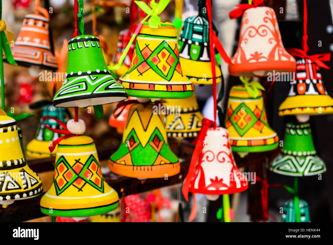 Close up of colorful ceramic balls details  christmas fair market decorations for sales. Ukrainian traditional toys. Stock Photo