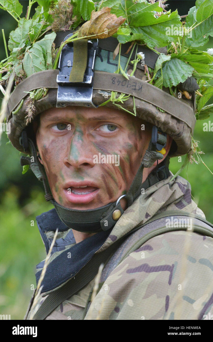 A British Army Royal Military Academy Sandhurst cadet participates in a leadership development