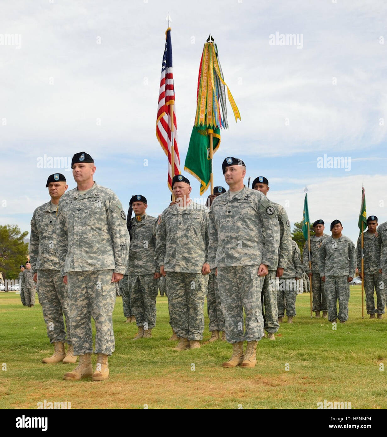 From left to right are incoming 93rd Military Police Battalion commander Lt. Col. Jeremy R. Willingham, Reviewing Officer Col. Robert N. Dillon, Incoming 93rd MP BN Command Sgt. Maj. Daniel S. O'Brien and outgoing 93rd MP BN commander Lt. Col. Richard J. Ball. During a Change of Command and Change of Responsibility ceremony held at Noel Parade Field, Fort Bliss, Texas, Ball and outgoing 93rd MP BN Command Sgt. Maj. Timothy J. Lamb both relinquished positions to the incoming commander and Command Sgt. Maj. (U.S. Army photo by Sgt. James Avery) 93rd Military Police Battalion Change of Command an Stock Photo