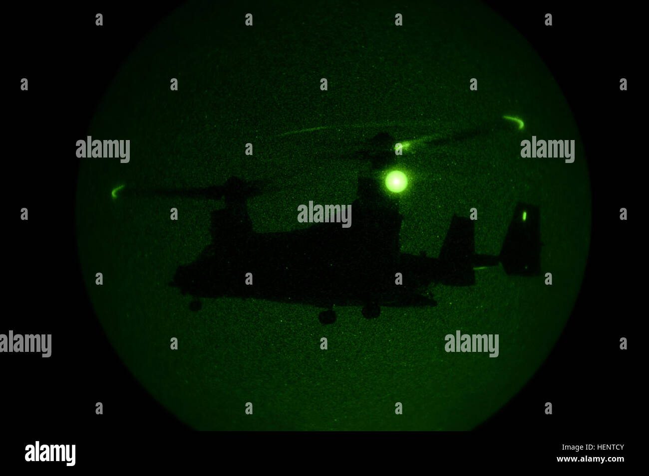 A MV22B Osprey, seen through night vision, takes off after loading