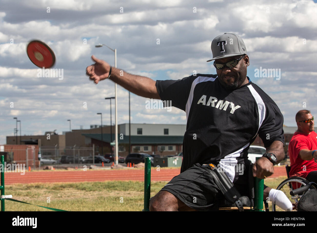 A U.S. Army service member practices discus throwing at Fort Carson ...
