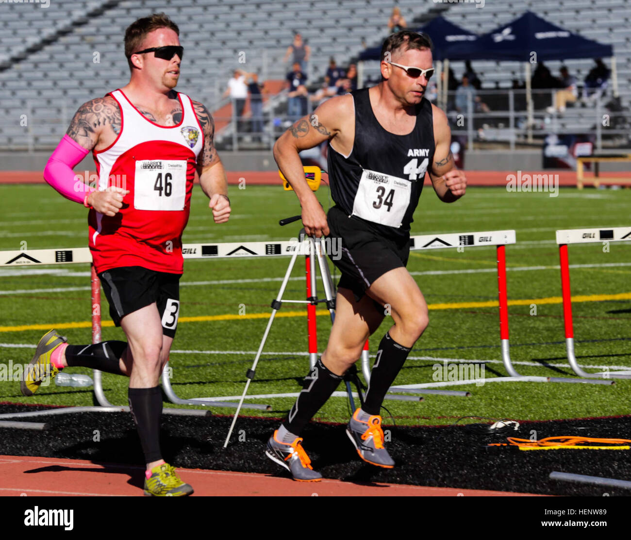 A U.S. Army athlete competes in a track event during the Warrior Games ...