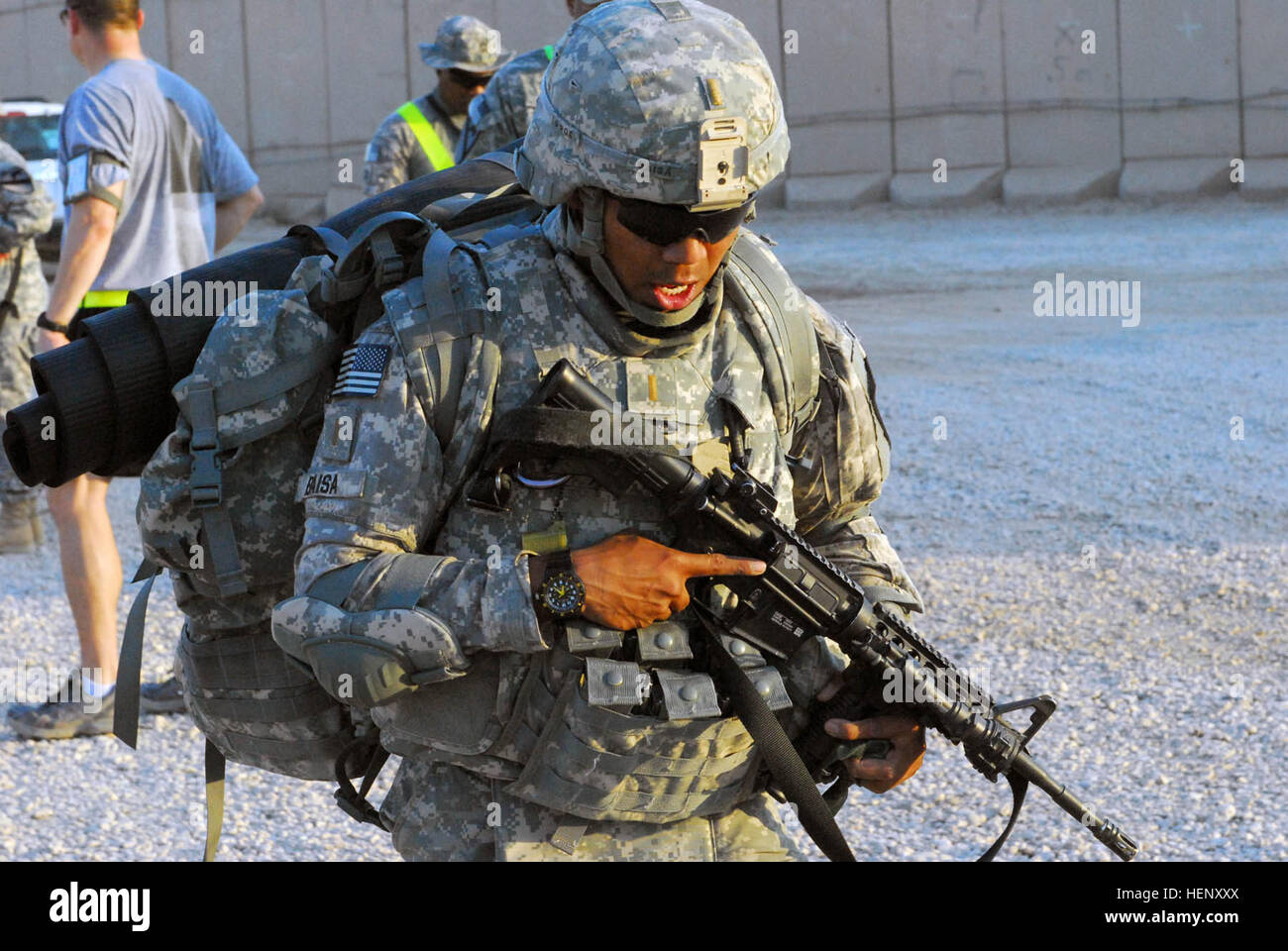 Alabama native, 2nd Lt. Christopher Baisa, the medical supply officer  assigned to the 115th Brigade Support Battalion, 1st Brigade, 1st Cavalry  Division, completes the ruck march portion of the Lieutenant Warrior  Challenge,