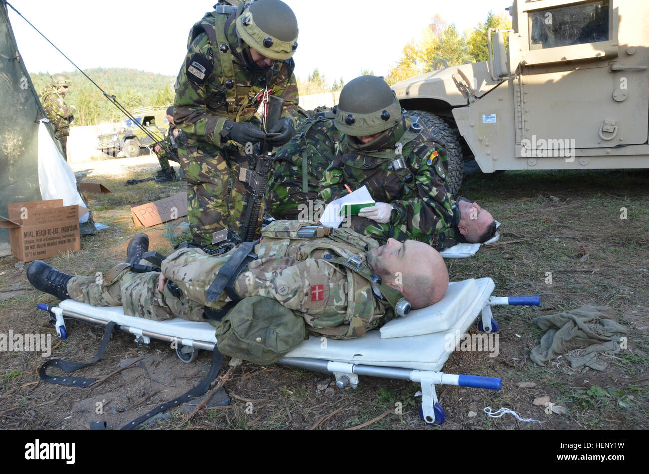 Romanian soldiers of the 21st Mountain Troops Battalion, 2nd Mountain Troops Brigade, 1st Infantry Division, fill out a 9-Line medical evacuation request form during exercise Combined Resolve III at the Joint Multinational Readiness Center in Hohenfels, Germany, Nov. 3, 2014.  Combined Resolve III is a multinational exercise, which includes more than 4,000 participants from NATO and partner nations, and is designed to provide a complex training scenario that focuses on multinational unified land operations and reinforces the U.S. commitment to NATO and Europe. (U.S. Army photo by Pv2. Courtney Stock Photo
