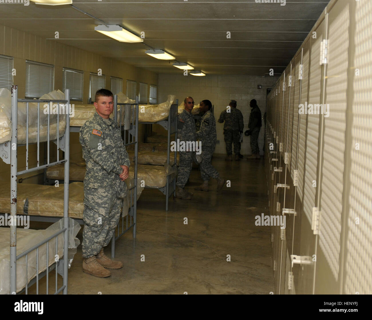 Members of the 2nd Battalion, 82nd Field Artillery Regiment, 3rd Brigade Combat Team “Greywolf,” 1st Cavalry Division, inspect the barracks that will house Soldiers returning from the Ebola virus disease outbreak areas in Africa. Recently, the Department of Defense announced that Fort Hood would be one of several locations for the 21-day controlled monitoring station for Soldiers and civilians returning from those areas. In addition to the barracks, outfitted with free Wi-Fi, the monitored Soldiers will have their own gym, recreation area – equipped with Internet, video games, cable television Stock Photo