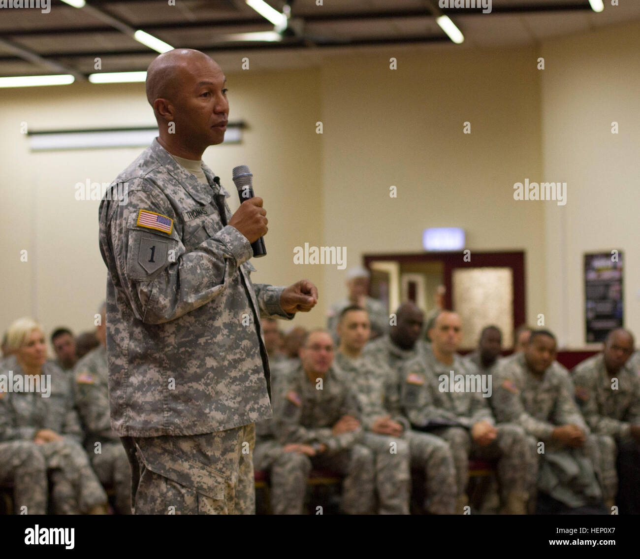 Command Sergeant Major of the Army Reserve Command Sgt. Maj. Luther Thomas Jr. addresses soldiers from the 7th Civil Support Command at the Kaiserslautern Community Activities Center Dec. 6, 2014. Thomas spoke about some of the issues facing the Army Reserve today. US Army Reserve%%%%%%%%E2%%%%%%%%80%%%%%%%%99s Senior Enlisted Soldier visits 7th CSC 141206-A-GW419-004 Stock Photo