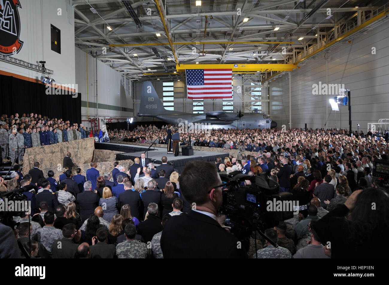 Maj. Gen. Margaret W. Boor, commanding general of the Army Reserve’s 99th Regional Support Command, speaks during a visit by U.S. President Barack Obama with an audience of 3,000 service members, military families, civic leaders and elected officials Dec. 15 inside a U.S. Marine hangar on Joint Base McGuire-Dix-Lakehurst, N.J. The purpose of the president’s visit to JB MDL was to thank troops for their service. Also speaking at the event was Maj. Gen. Rick Martin, commanding general of the U.S. Air Force Expeditionary Center. President Obama thanks troops at New Jersey's Joint Base MDL 141215- Stock Photo