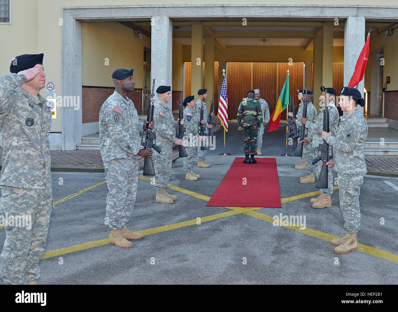 Brig. Gen. Cheikh Gueye, Senegal chief of army staff, with Maj. Gen. Darryl A. Williams, U.S. Army Africa commanding general, visit Caserma Ederle in Vicenza, Italy, Jan. 13, 2015. (Photo by Visual Information Specialist Davide Dalla Massara) Brig. Gen. Cheikh Gueye visits at Caserma Ederle in Vicenza, Italy 150113-A-DO858-020 Stock Photo