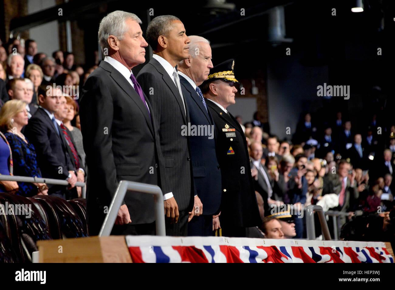 President of the United States Barack Obama, U.S. Secretary of Defense Chuck Hagel, Vice President of the United States Joe Biden, and Chairman of the Joint Chiefs of Staff Gen. Martin E. Dempsey arrive to Conmy Hall for Hagel’s farewell tribute at Joint Base Myer-Henderson Hall in Arlington, Va., Jan. 28, 2015. (U.S. Army photo by Staff Sgt. Laura Buchta/Released) Secretary of Defense Chuck Hagel Farewell Tribute 150128-A-VS818-074 Stock Photo