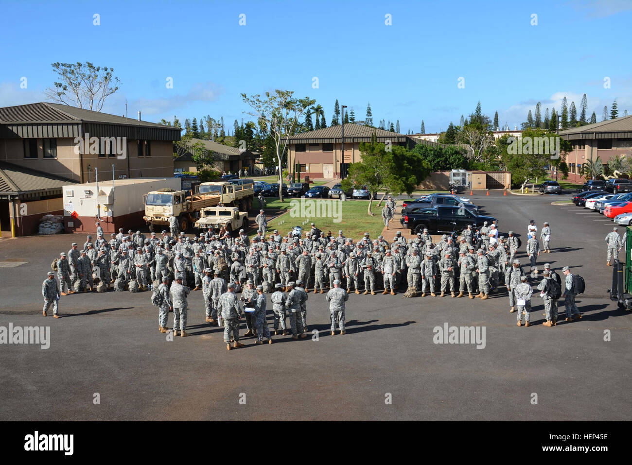 Soldiers from 2nd Stryker Brigade Combat Team, 25th Infantry Division, prepare to depart Schofield Barracks, Hawaii, in order to participate in Cobra Gold 2015 with the Royal Thai Army, Feb. 3.  More than 700 Soldiers from 25th ID are now participating in the 34th iteration of the annual multinational training event which is the largest multinational exercise in Asia.  (U S. Army photo by Staff Sgt. Carlos Davis, 2nd Stryker Brigade Combat Team Public Affairs/Released) Warrior Brigade kicks off with Cobra Gold 15 150203-A-WV398-117 Stock Photo
