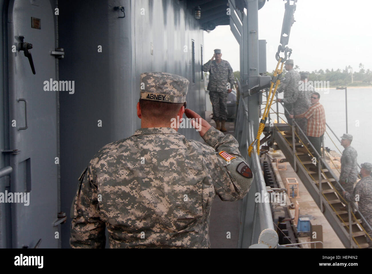 Army Chief of Staff Gen. Ray Odierno boards the Logistical Support Vessel-7 Staff Sgt. Robert T. Kuroda Feb. 12 at Joint Base Pearl Harbor-Hickam. Odierno visited to discuss Army Watercraft Systems utilization, readiness/modernization, active-reserve multi-component operations, initiatives and roles in setting the theater and enabling joint, interagency, intergovernmental, multinational operations across the Pacific region. Chief of staff views Army watercraft, related capabilities 150212-A-JU327-167 Stock Photo