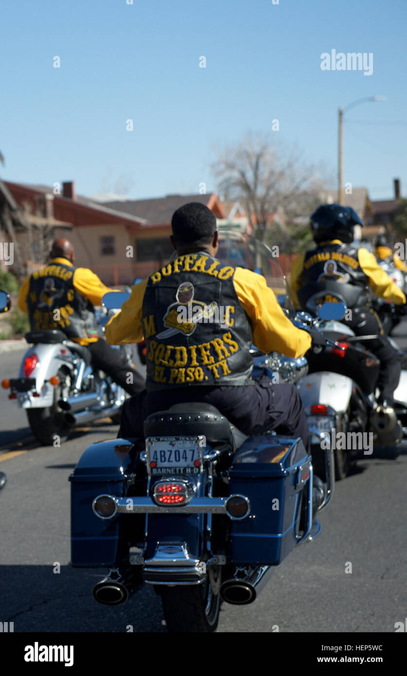 El Paso-based motorcycle club Buffalo Soldiers cruise along Montana Avenue  as part of the Black History Month Parade held in El Paso, Feb. 28. (Photo  by Sgt. Brooks Fletcher, 16th Mobile Public