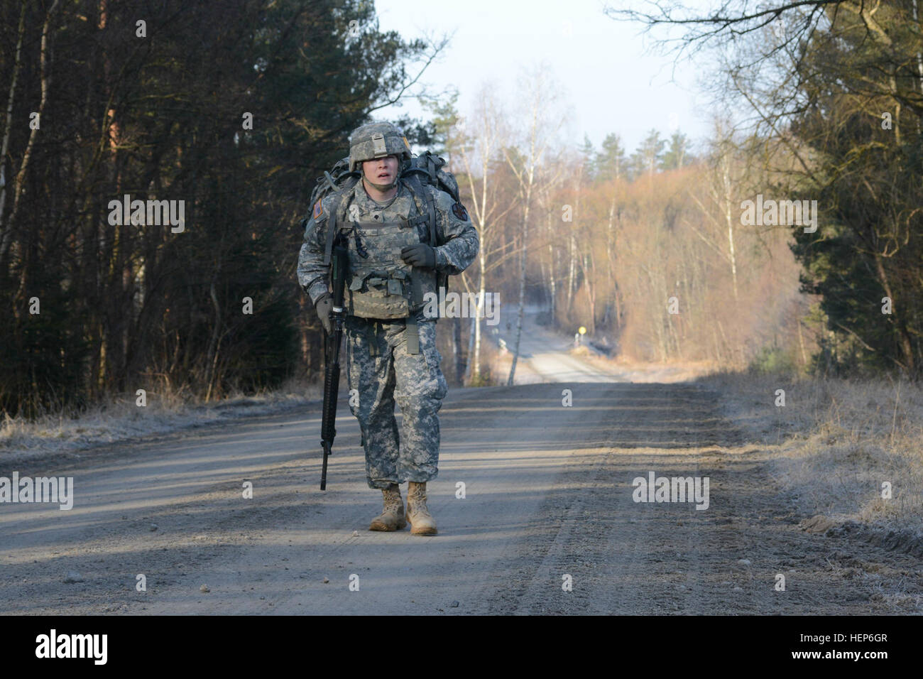 A U.S. Army Soldier from Army Garrison Ansbach completes the ruck march ...