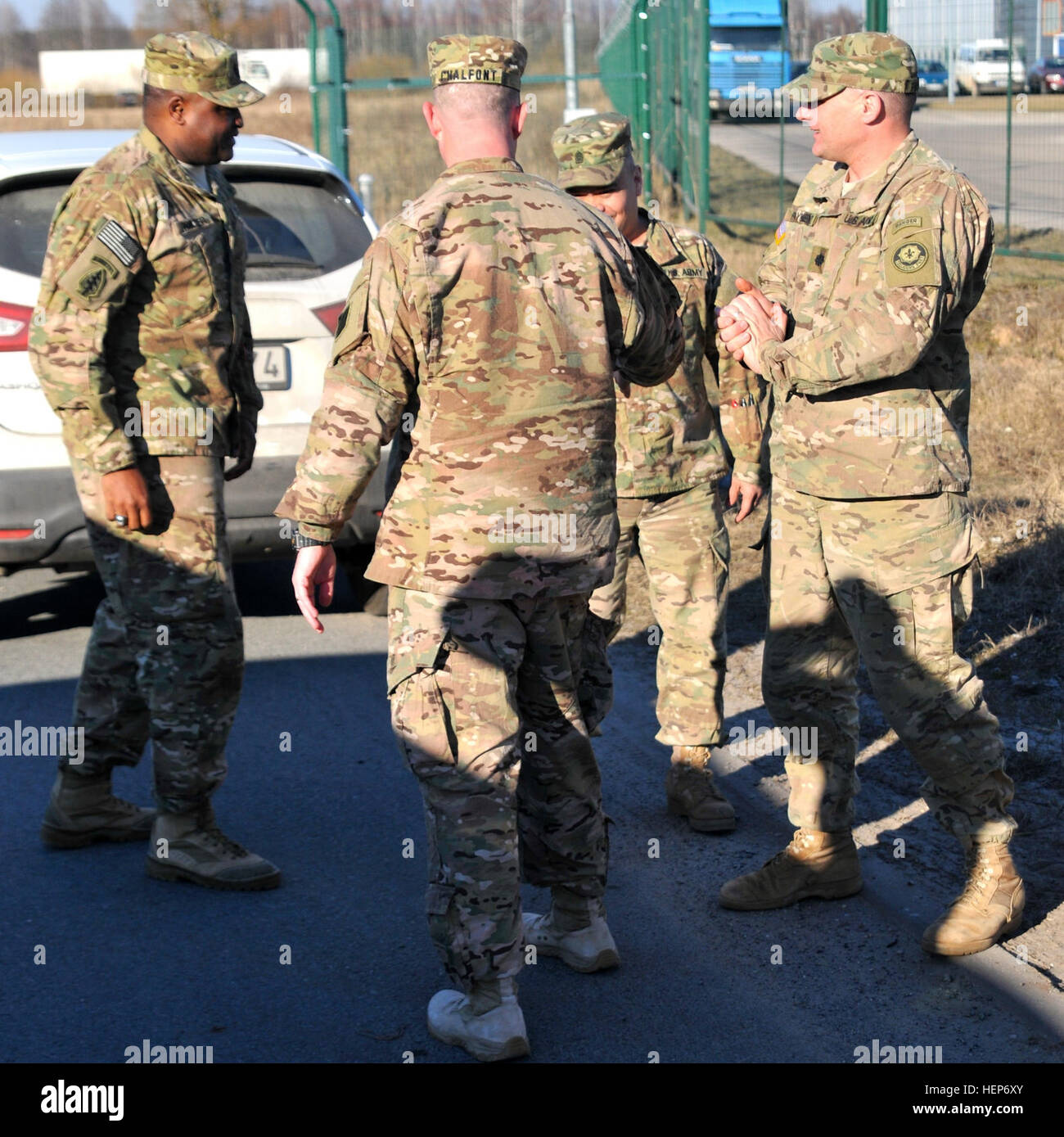 Lt. Col. Chad Chalfont, commander of the 2d Battalion, 7th Infantry  Regiment, 3d Infantry Division out of Fort Stewart, Ga., and Sgt. Maj. Anthony Walker Sgt. Maj. 2-7 Inf. Reg. arrived at Adazi Military Base, Latvia, on March 16,  2015. The unit was deployed throughout the Baltic region in support of Operation  Atlantic Resolve and will be taking over for the 3rd Squadron, 2d Cavalry Regiment. First Brigade, 3d Infantry Division is the U.S. Army’s current regionally aligned force  for Europe. They will spend the next three months training alongside NATO allies and work together to build inte Stock Photo