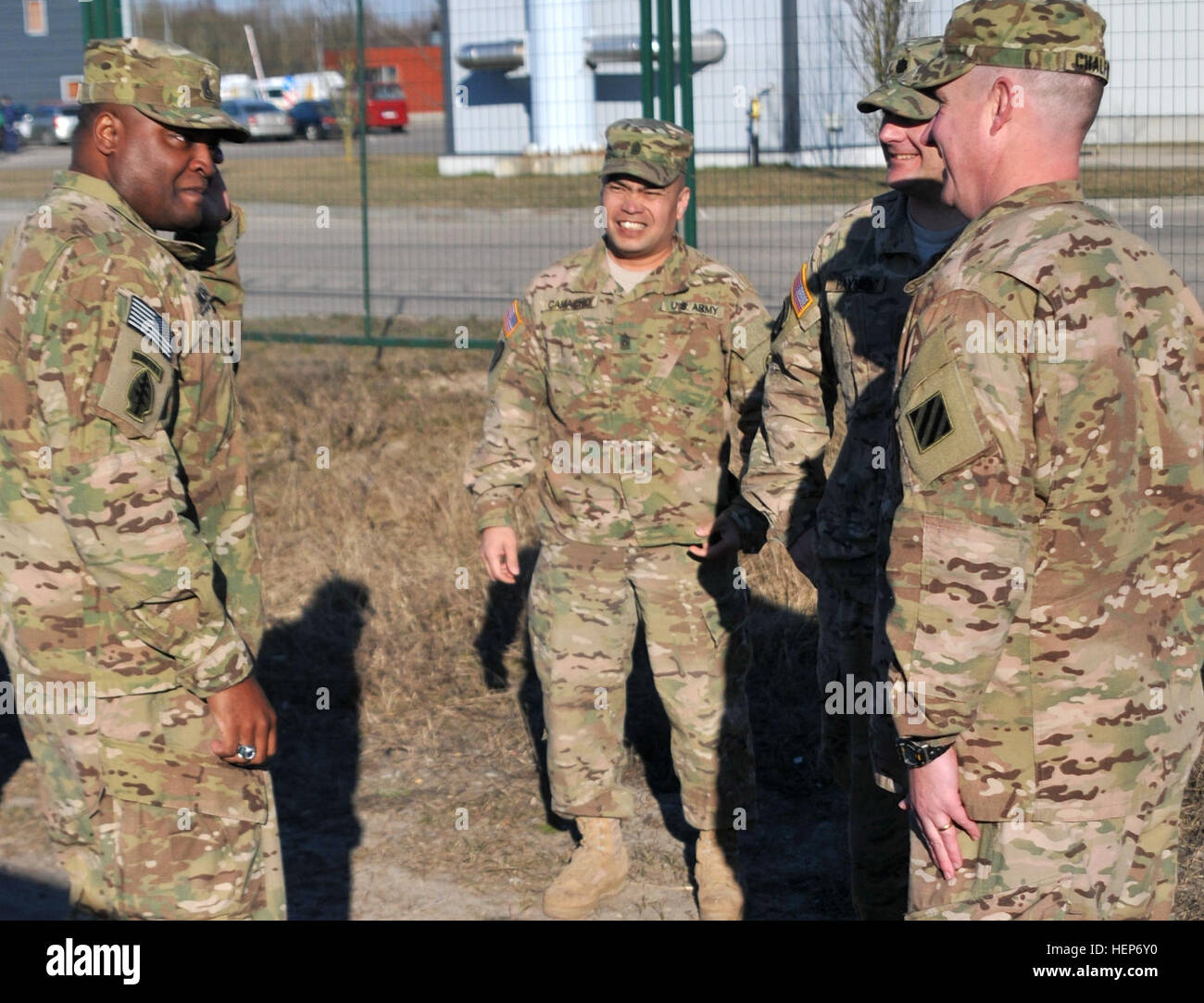 Lt. Col. Chad Chalfont, commander of the 2d Battalion, 7th Infantry Regiment, 3d Infantry Division out of Fort Stewart, Ga., and Sgt. Maj. Anthony Walker Sgt. Maj. 2-7 Inf. Reg. arrived at Adazi Military Base, Latvia, on March 16,  2015. The unit was deployed throughout the Baltic region in support of Operation Atlantic Resolve and will be taking over for the 3rd Squadron, 2d Cavalry Regiment.  1st Brigade, 3d Infantry Division is the U.S. Army’s current regionally aligned force for Europe. They will spend the next three months training alongside NATO allies and work together to build interope Stock Photo