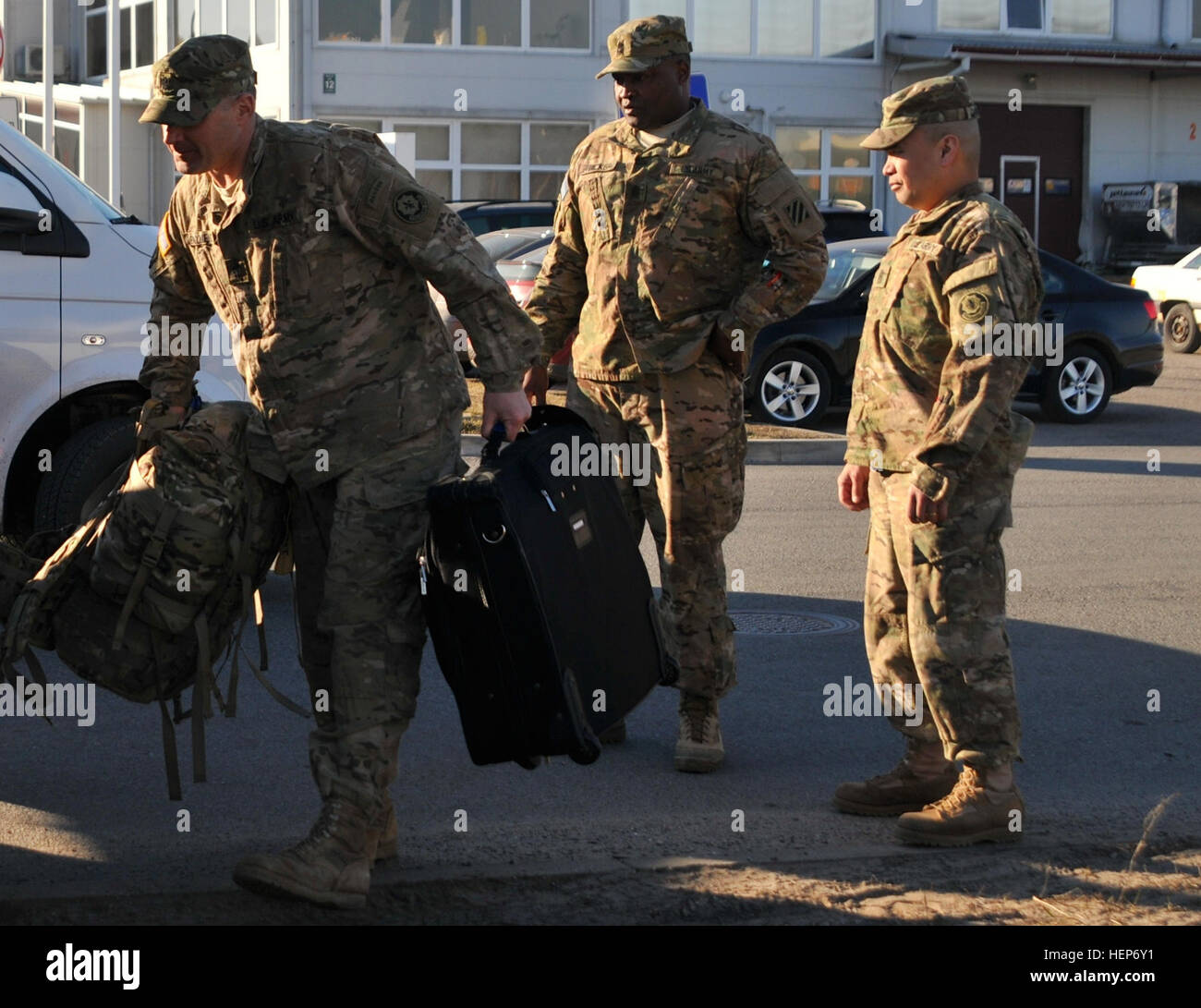 Lt. Col. Chad Chalfont, commander of the 2d Battalion, 7th Infantry  Regiment, 3d Infantry Division out of Fort Stewart, Ga., and Sgt. Maj. Anthony Walker Sgt. Maj. 2-7 Inf. Reg. arrived at Adazi Military Base, Latvia, on March 16, 2015. The unit was deployed throughout the Baltic region in support of Operation  Atlantic Resolve and will be taking over for the 3rd Squadron, 2d Cavalry Regiment. First Brigade, 3d Infantry Division is the U.S. Army’s current regionally aligned force  for Europe. They will spend the next three months training alongside NATO allies and work together to build inter Stock Photo