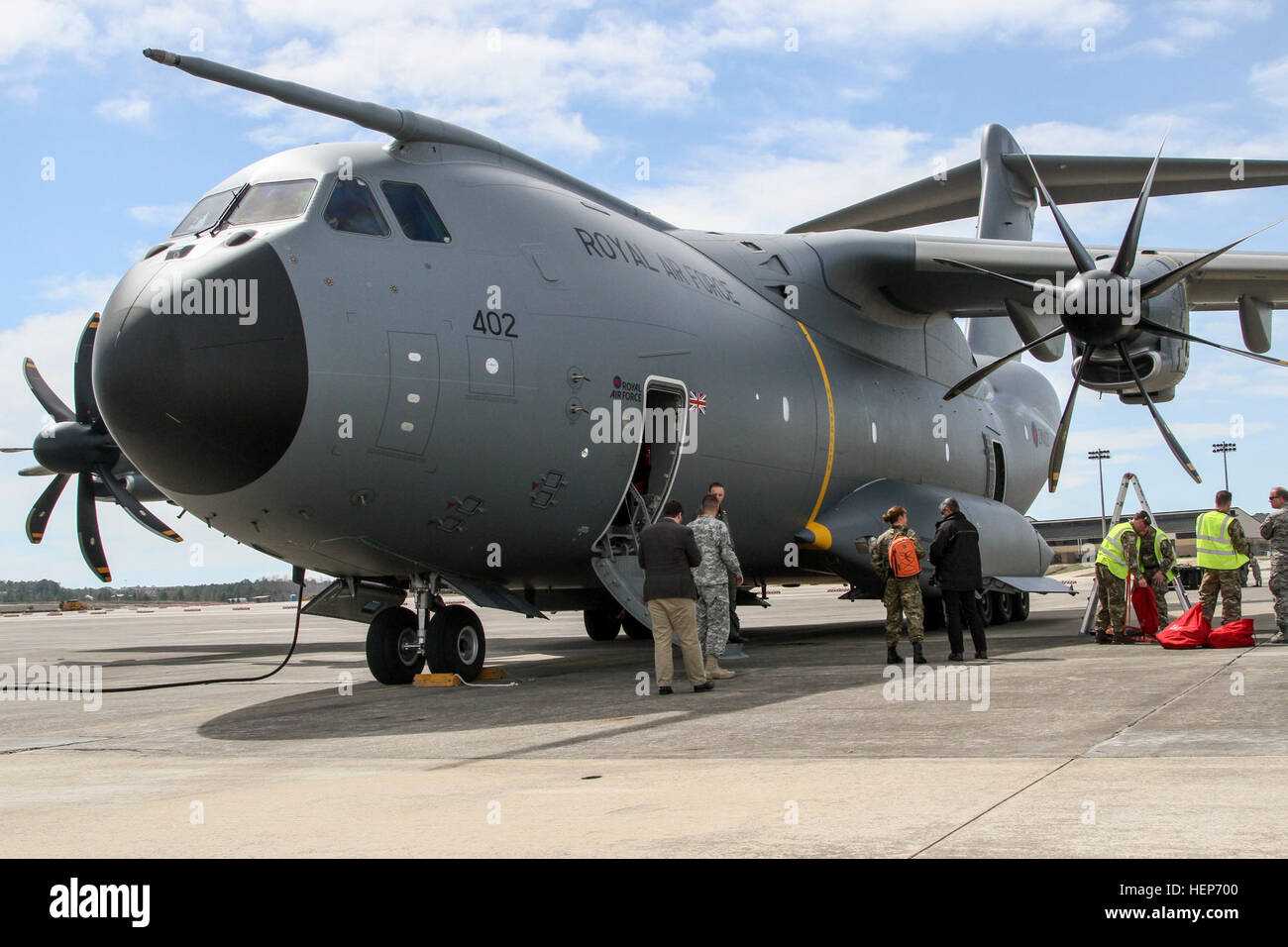 An A400M Atlas, the British Royal Air Force's newest airlift aircraft, sits  on Pope Army Airfield, N.C., March 16, 2015. The aircraft arrived with  equipment and supplies for the British Army's 16