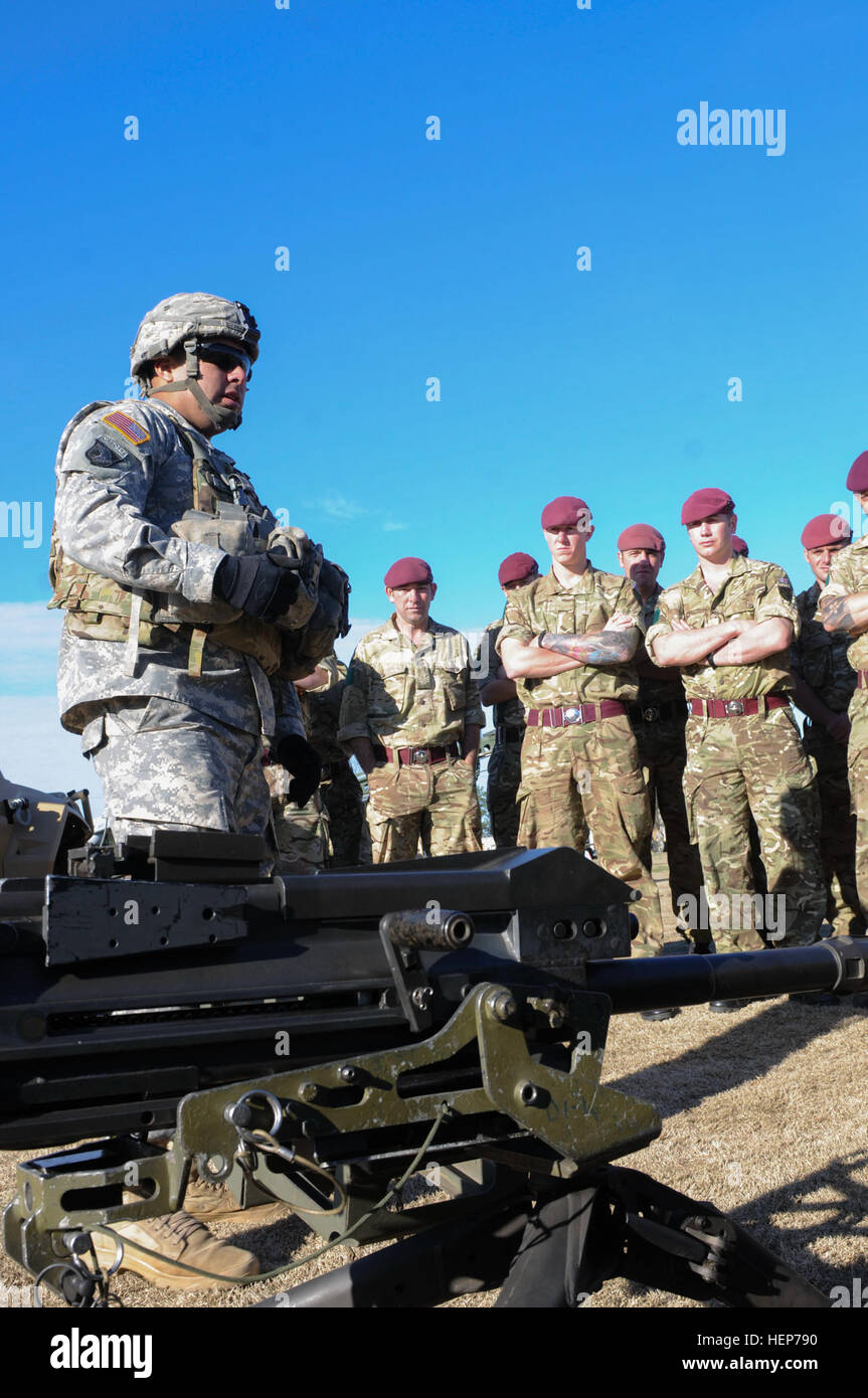 A paratrooper assigned to the 2nd Battalion, 325th Airborne Infantry Regiment, 2nd Brigade Combat Team, 82nd Airborne Division explains the functions of the MK 19 40mm machine gun to paratroopers from the British 16 Air Assault Brigade during a demonstration day event on Fort Bragg, N.C., March 18, 2015. The event fostered understanding of the U.S. airborne Brigade’s unique equipment and capabilities through a combination of static displays and briefings. In April, the two units will conduct the largest US-UK Combined-Joint Operational Access Exercise held on Fort Bragg in the past 20 years. ( Stock Photo