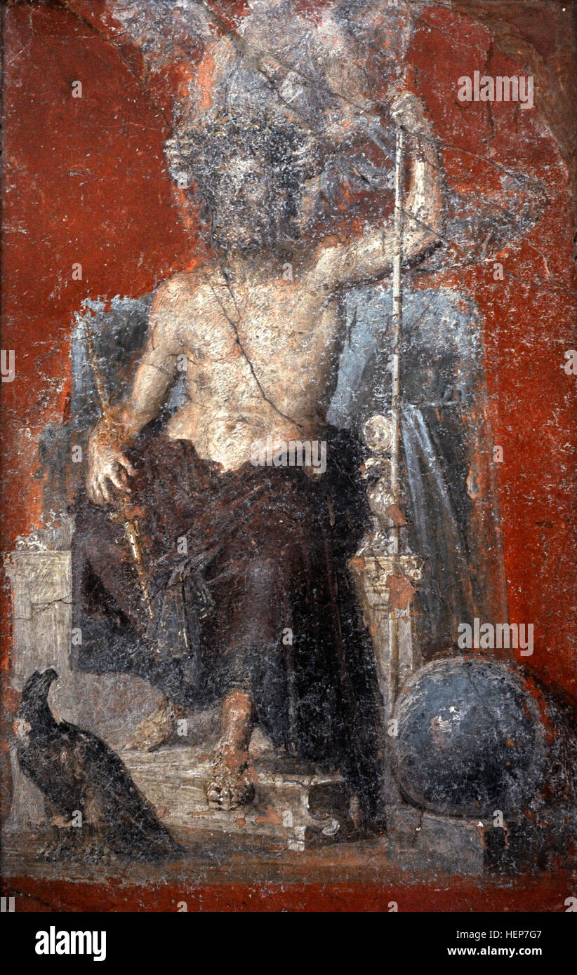 The powerfull and solemn figure of enthroned Zeus, crowned by a Victory and flanked by the cosmic symbols of the eagle and the globe. Pompeii. 1st century. National Archaeological Museum, Naples. Italy. Stock Photo