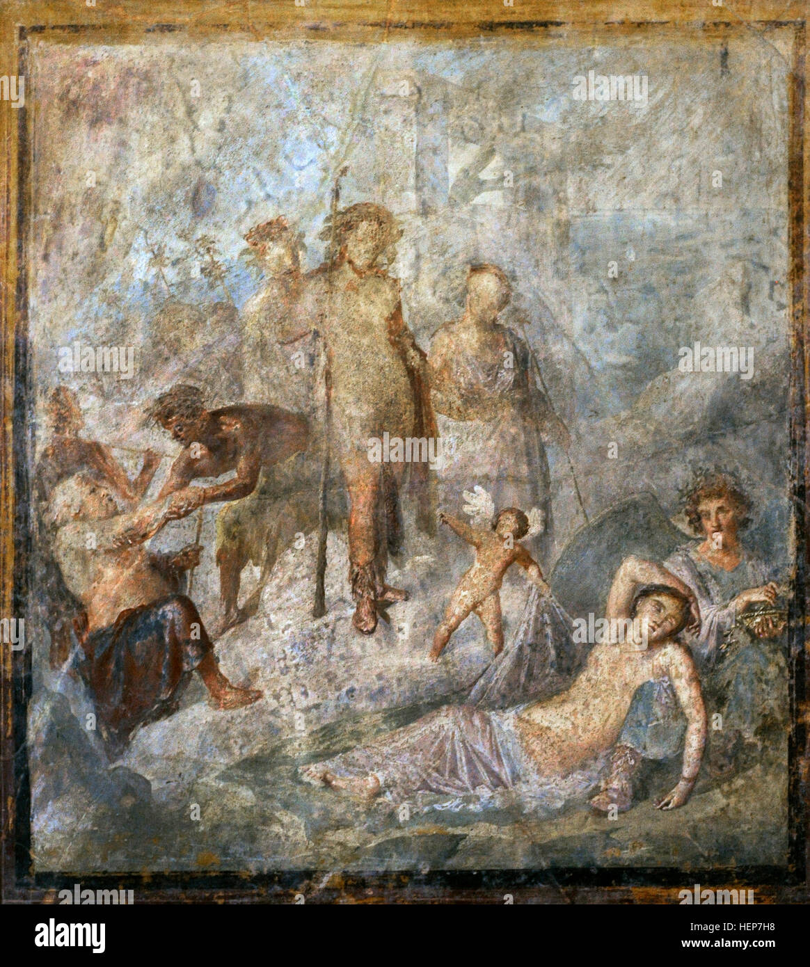 Roman fresco. Dionysus discovering the sleeping Ariadne. House of the Coloured Capitals, Pompeii, 1st century BC. National Archaeological Museum, Naples. Italy. Stock Photo