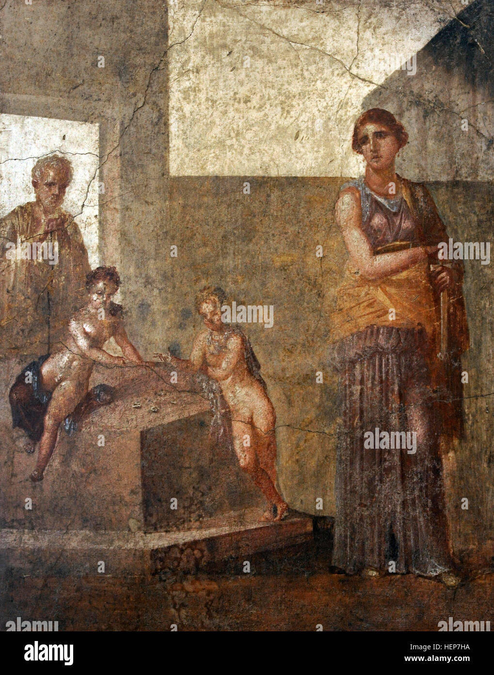 Medea and  her children. She contemplates killing her children as the best way to hurt husband Jason. House of the Dioscuri, Pompeii, Italy. 1st century AD. National Archaeological Museum, Naples. Italy. Stock Photo