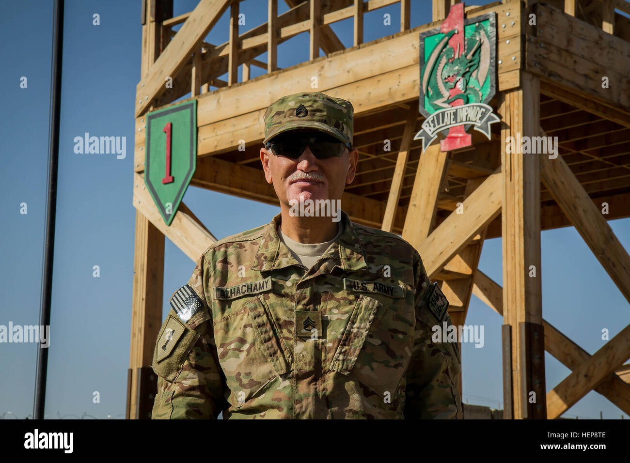 U.S. Army Staff Sgt. Reyadh Alhachamy, a human intelligence collector assigned Company B, 4th Brigade Special Troops Battalion, 4th Infantry Brigade Combat Team, 1st Infantry Division, at Forward Operating Base Sharana, Jan. 10, 2012. Alhachamy uses his experience as a linguist to use one of 15 dialects of the Arabic language to collect information on enemy forces in the local villages. (U.S. Army photo by Sgt. Gene Arnold, Task Force 4-1 PAO) Former Iraqi Republican Guard soldier serves as US soldier in Afghanistan 812635 Stock Photo