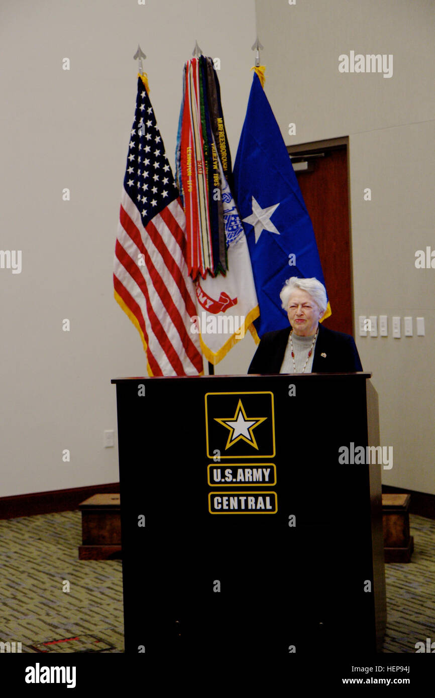 Retired U.S. Air Force Brig. Gen. Wilma Vaught speaks at a Women’s