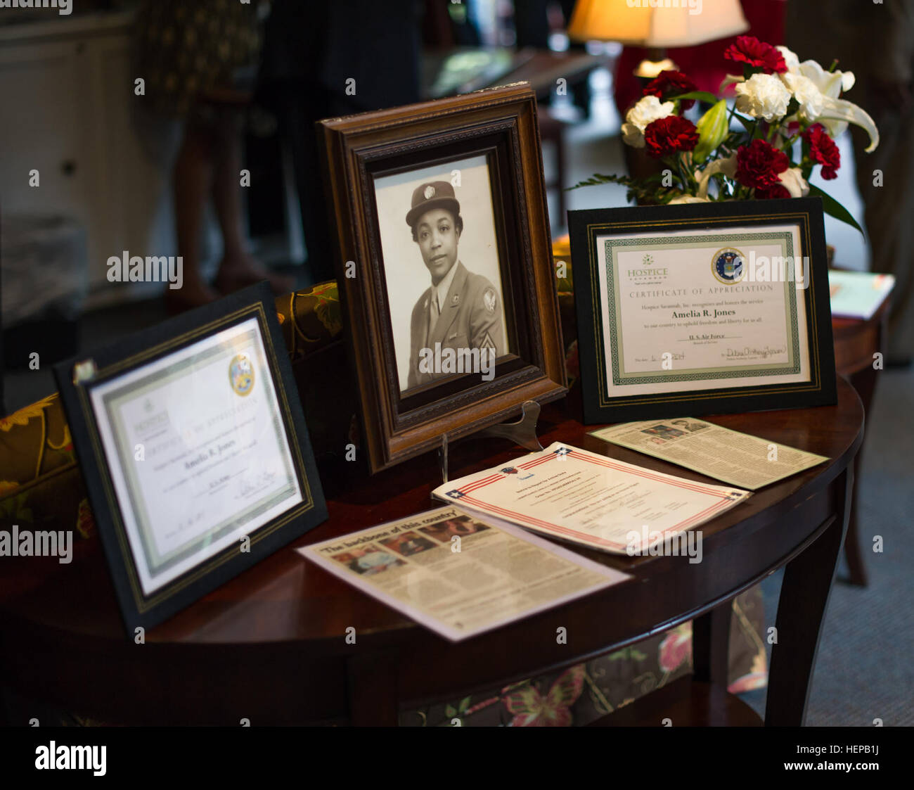 Pictured is a service display for Sgt. Amelia Jones, a veteran of the original Tuskegee Airman, which was set up for Jones’ reception at Hospice Savannah, April 19, after she was awarded a bronze replica of the Congressional Gold Medal. The Congressional Gold Medal is one of the two highest civilian awards in the United States. The replica was presented to her by U.S. Sen. Johnny Isakson, R-Ga., along with Brig. Gen. James Blackburn and Command Sgt. Maj. Stanley Varner, command team for Task Force Marne, 3rd Infantry Division. The Congressional Gold Medal was awarded to the Tuskegee Airmen gro Stock Photo