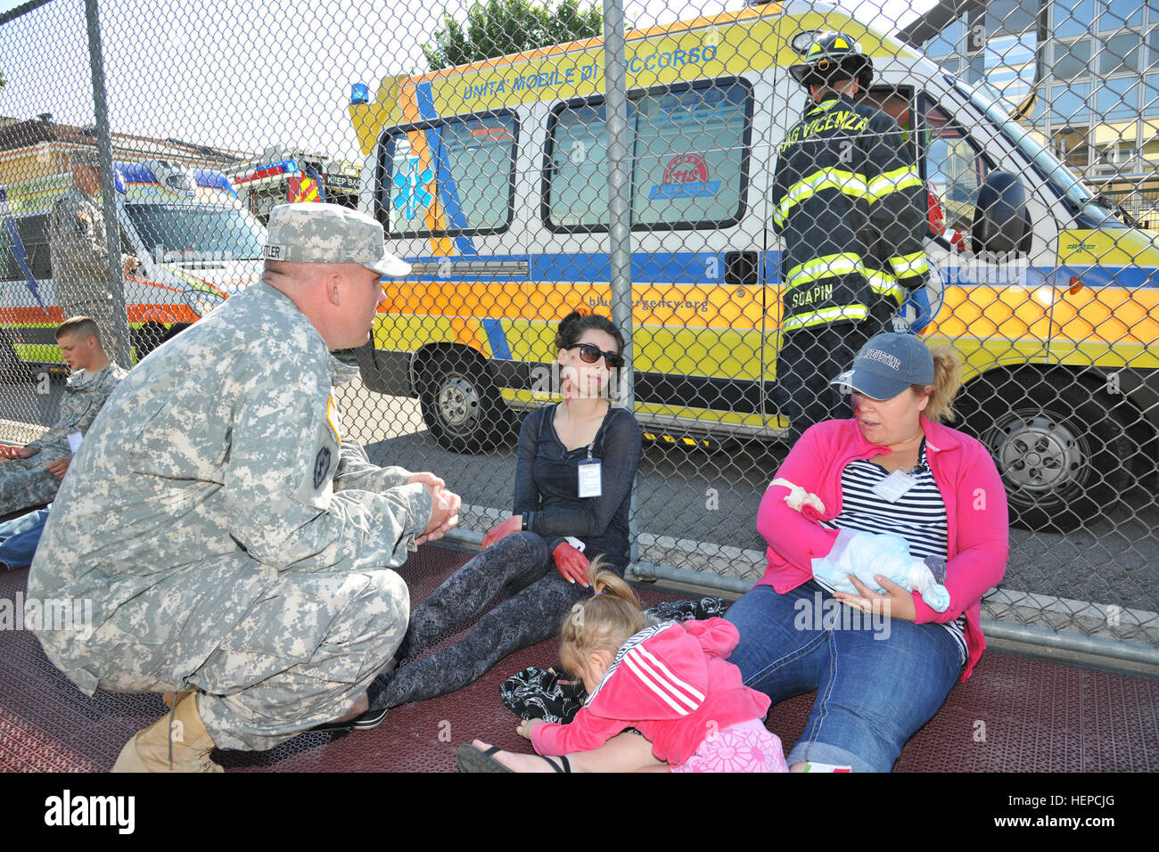 At the Lion Response exercise, the Vicenza Military Community conducted its full-scale Lion Response '15 exercise on Caserma Ederle May 7. The purpose of the annual training exercise was to test and validate Force Protection and Emergency Management plans and procedures in response to an emergency situation.(U.S. Army Photo by Visual Information Specialist Massimo Bovo/released) Lion Response 150507-A-DZ412-185 Stock Photo