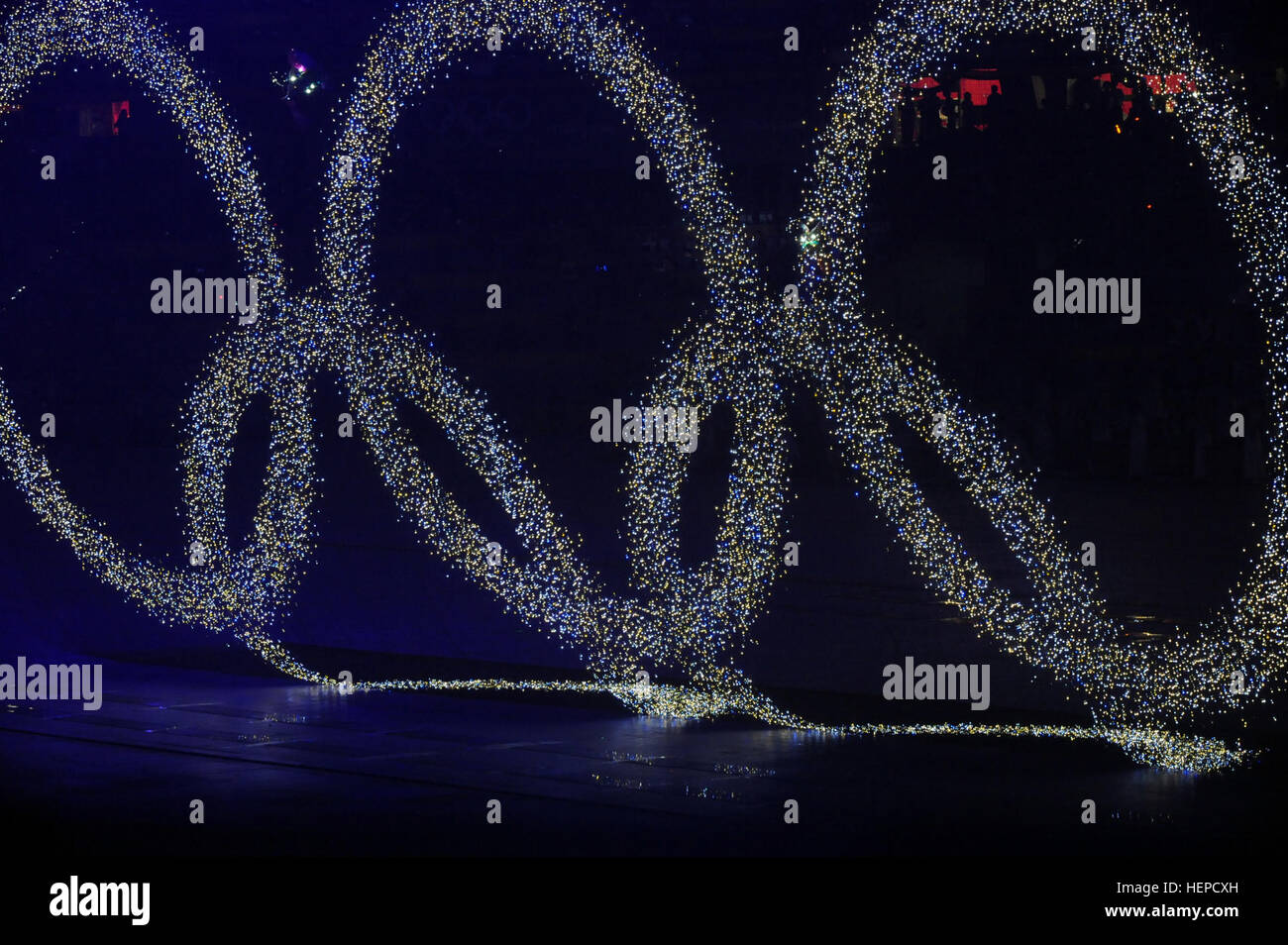 Olympic rings during 2008 Summer Olympics opening ceremony Stock Photo